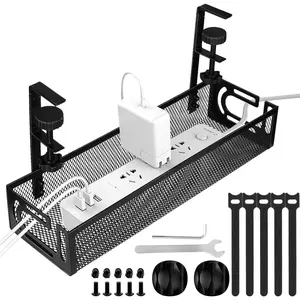 Cable Management, 25'' Cable Management Under Desk No Drill, Metal Cord Organizer with Clamp for Standing Desk, Cable Organizer for Home Office, White