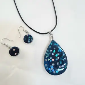SCS-RSST-005 Midnight Star Glow Set Handcrafted Resin Jewelry with Holographic Star Accents Teardrop Pendant & Matching Earrings Galaxy Style Night Sky Wearable Art
