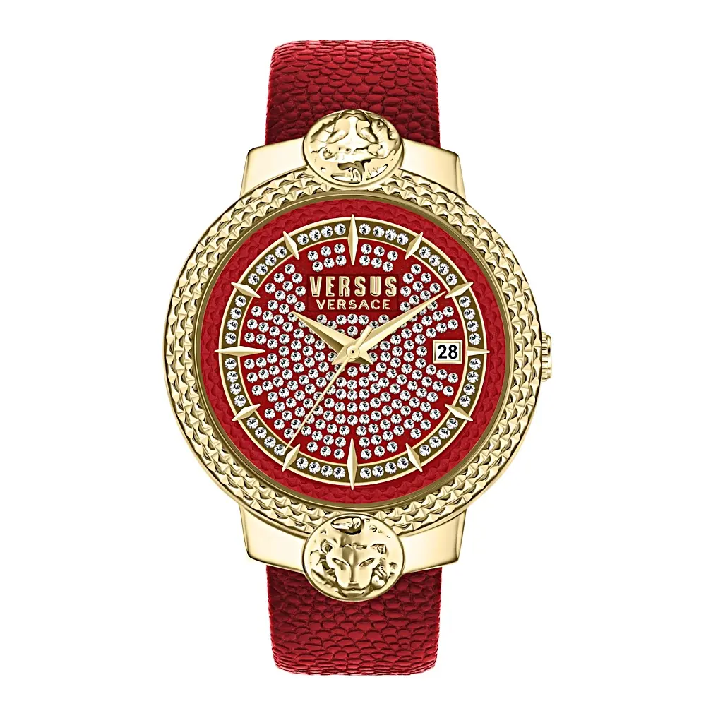 JTV Mouffetard Crystal Dial Watch 38MM Yellow Case Red Crystal Dial Leather Strap