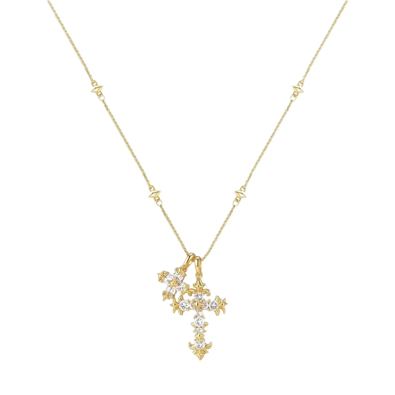 QUEENDO Ornate 2-Tone Double Cross Pendant Necklace - Paved Sparkling Stone Vintage Charm, Decorative Link Chain, Gothic Inspired Layerable Affordable Costume Jewelry for Daily & Party Gifting