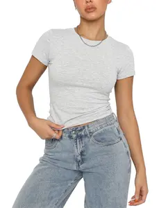 Women's Short-Sleeve Top — Basic Style, Slim-Fit & Cropped; 2026 Y2K Fashion, Summer Casual Tee, Stretchy Fitted Set.
