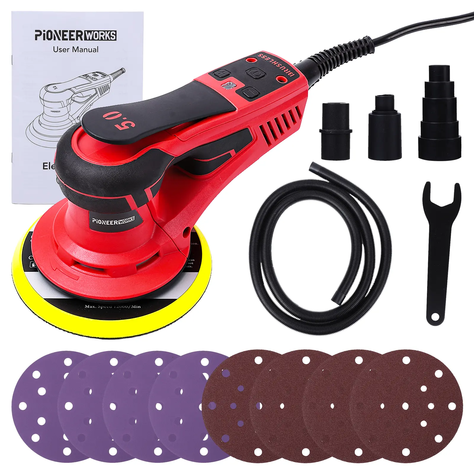 Garvee 350W Brushless Motor Random Orbital Sander – 6-Inch Adjustable Speed (up to 10000 RPM), Low Vibration, 5.0mm Orbit, Includes 12 Sanding Papers – Ideal for Woodworking, Polishing, Carpentry