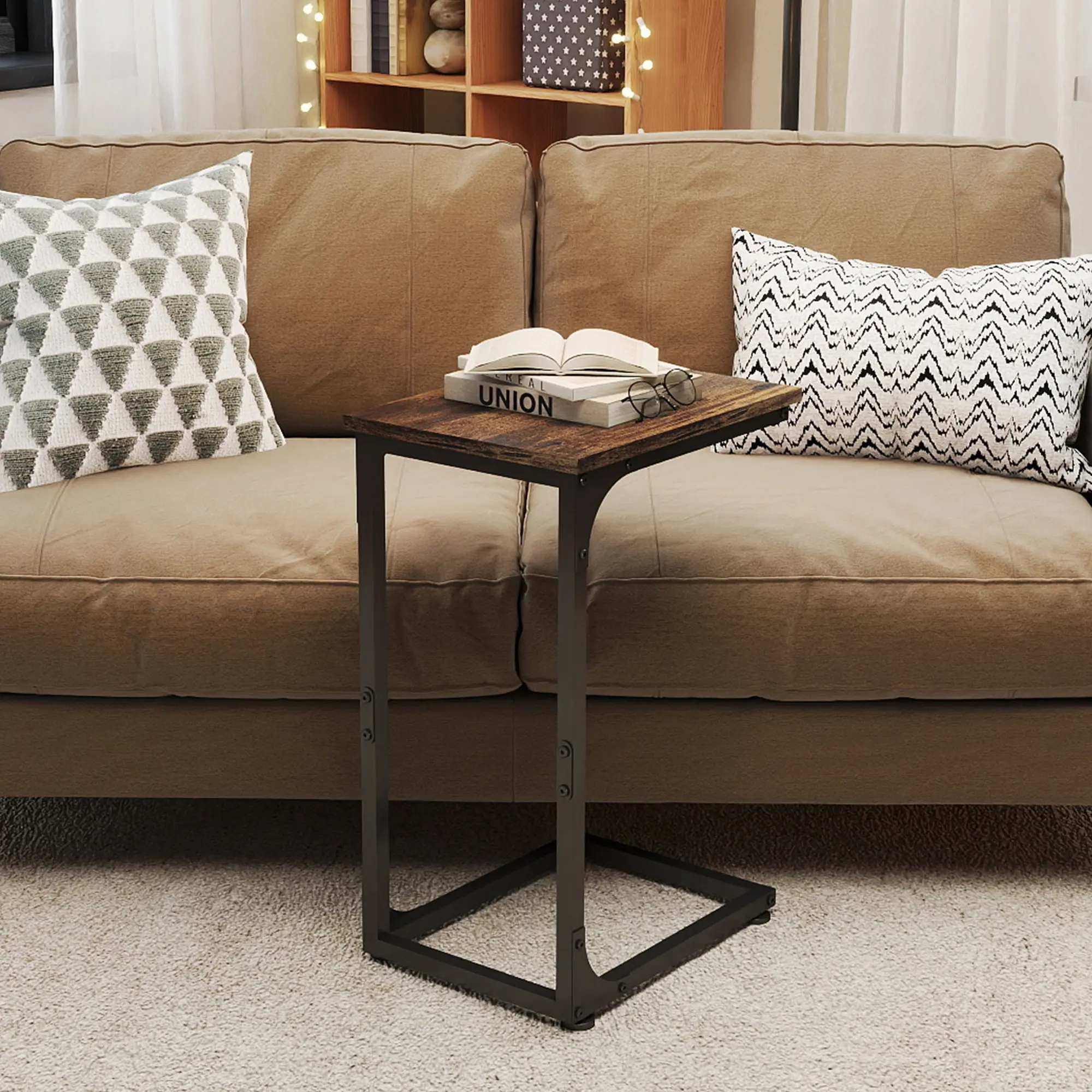 summergarden C-Shaped Compact End Table - Wood Top with Metal Base Feels Sturdy, Iron & Wood, Easy Glide Sliding Base Indoor Furniture, Slides Under Sofa for Couch Laptop Use to Free Floor Space Space Saving Table Modern End Table