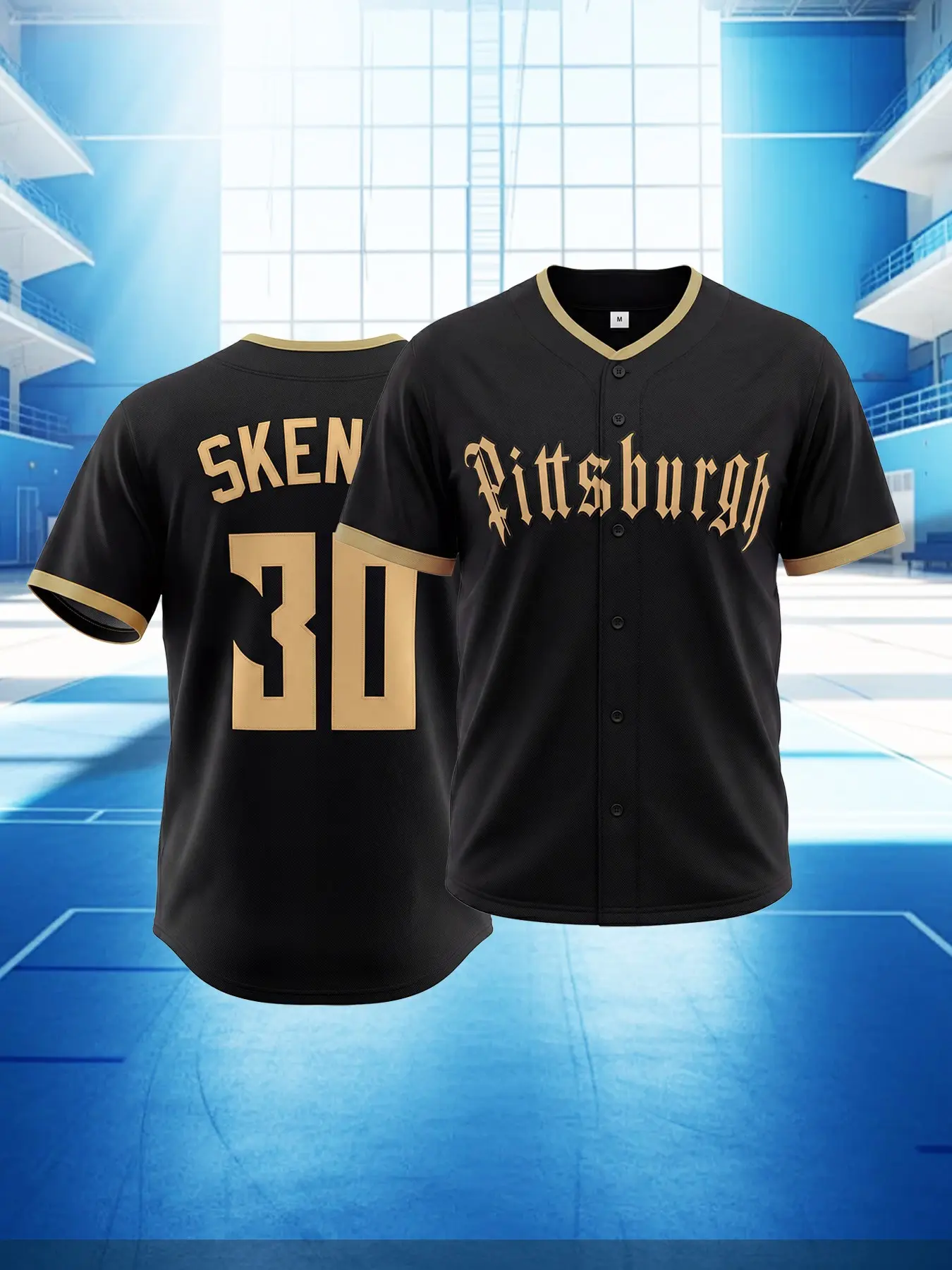 Pittsburgh Inspired Baseball Jersey for Men Women - Black with Gold Trim, Gothic Letter Print, Embroidery Sportswear, Short Sleeve Button Down Streetwear T-shirt, Casual Sportswear Top