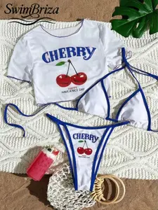 Briza｜3 Piece Triangle Bikini With Swim Shirt Cover Up In White Cherry Print With Adjustable Tie Halter And Thong Bikini Bottoms For Bikini Sets Bathing Suit Vacation Swimwear For Women With Swimsuit Cover Up For Women Confident Beach Style