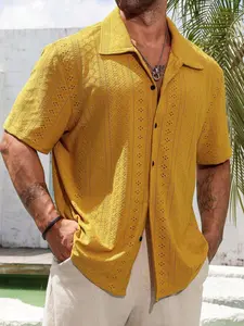 Men's Plus Size Bohemian Summer Casual Half Sleeve Solid Color Hollow Out Embroidered Shirt, Vacation Style, Plain Design