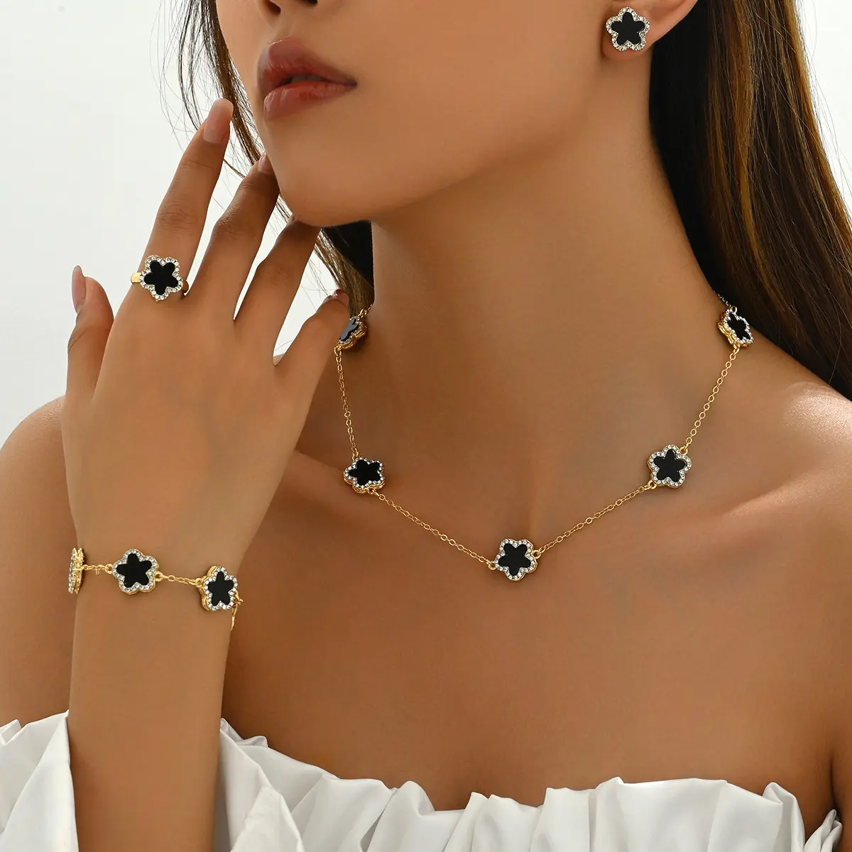 SMILE JOJO Jewelry Set Flower Inlaid Diamond Design Necklace Earrings Bracelet Versatile Niche Ring