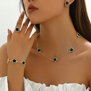 SMILE JOJO Jewelry Set Flower Inlaid Diamond Design Necklace Earrings Bracelet Versatile Niche Ring