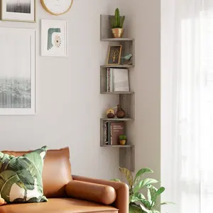 Floating Corner Bookshelf - 5-Tier Floating Bookshelf, Plant Shelf for Bedroom, Living Room, Bathroom, Home Office