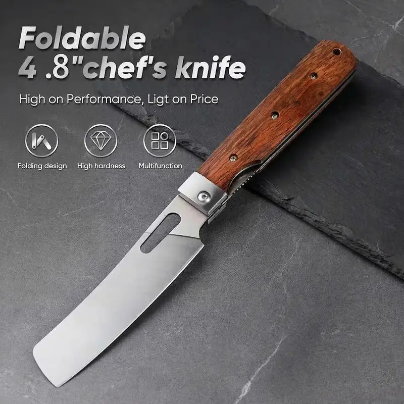 Portable Outdoor Folding Nakiri Knife, Stainless Steel Folding Bread Knife, 440C Stainless Steel Blade and Natural Wooden Handle - Perfect for Outdoor Chef Knife for BBQ, Camping & Daily Cooking, Durable Steel Blade