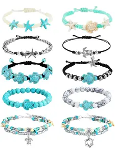 10 PCS Turtle Ankle Bracelets for Women Waterproof Handmade Starfish Sea Turtle Bracelet Adjustable Boho Summer Beach Bracelets for Women Men Bahamas Souvenirs Trendy Jewelry Anklet