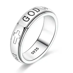 LAZA 925 Sterling Silver Spinner Ring for Women – Christian Bible Verse "God is within her she will not fall" Fidget Anxiety Ring, Religious Cross Prayer Jewelry Gifts for Girls (Psalm 46:5) Inspirational Rings Encouragement Rings