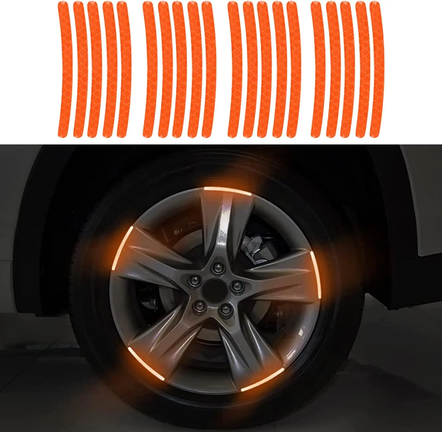 20PCS Reflective Car Wheel Decorative Stripe Stickers, Night Safety Warning Tape Sticker, Anti-Scratch Tire Rims Sticker, Auto Exterior Accessories Universal for Cars Motorcycles Bikes (Orange)