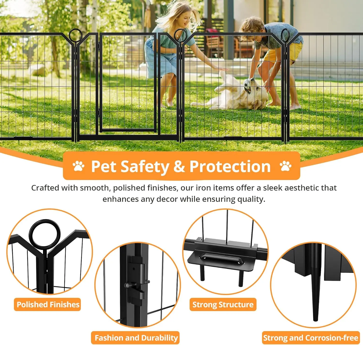 8 Panel Dog Playpen Outdoor, 24 Inch Dog Fence with Gate & Fixed Stakes, Pet Exercise Pen for Yard RV Camping Garden, Durable Steel Playpen for Puppy Small Dogs