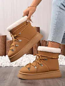 Women's Winter Boots Camel Color Plush Lined, Comfortable 5cm Platform Solid Color Boots, Fashionable Design for Cold Weather, Stylish & Sexy Look