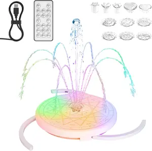 USB Power Fountain Pump with Light, Bird Bath Water Pump, Remote Control& 8 Nozzles Pond Fountain, Water Fountain Pump for Birdbath, Garden, Pond, Pool, Outdoor and Indoor