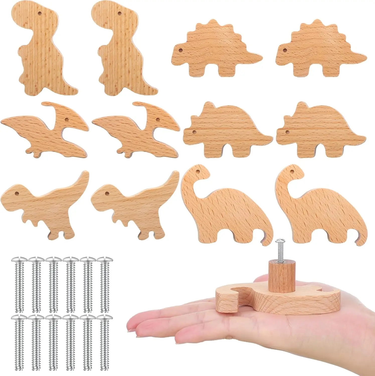 12 ts Wooden Animal Dresr Knobs Decorative Nurry Wood Drawer Pulls with Screws Furniture Pulls Handles for Nurry Home Bedroom Kitchen Cabinets Hardware Cupboard (Dinosaur)
