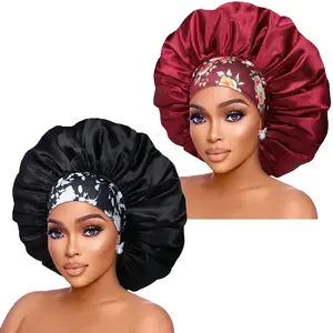Silk Satin Bonnet Hair Cap: 2pcs 17inch Diameter Extra Large Jumbo Sleeping Satin Bonnets with Comfortable Flower Band - High Density Bonnets for Women Braids Curly Night Cap (Black & Red)
