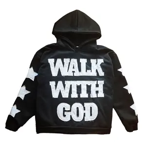 Unisex Lettering and Star Patchwork Hoodie with "Walk with God" Street Style Hooded Sweatshirt Pullover for Men and Women Hip Hop Fashion Y2K Hoodie Retro Women's Top