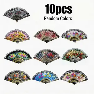 Floral Pattern Hand Fan, 10pcs/set Random Color Portable Folding Fan, Vintage Fan for Dance Performances, Photo Props, Home Decor