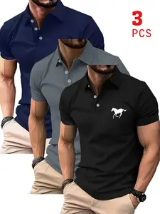3-Pack Polo Shirts, Breathable Quick-Dry Golf Casual Shirts, Lightweight Stretch Polyester Button Design, Solid Short Sleeves, Multiple Colors