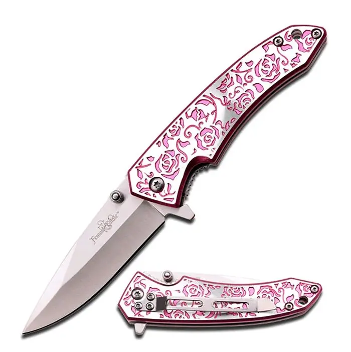 Cute Pink Engraved Floral Design Folding Knife Collectable Gift