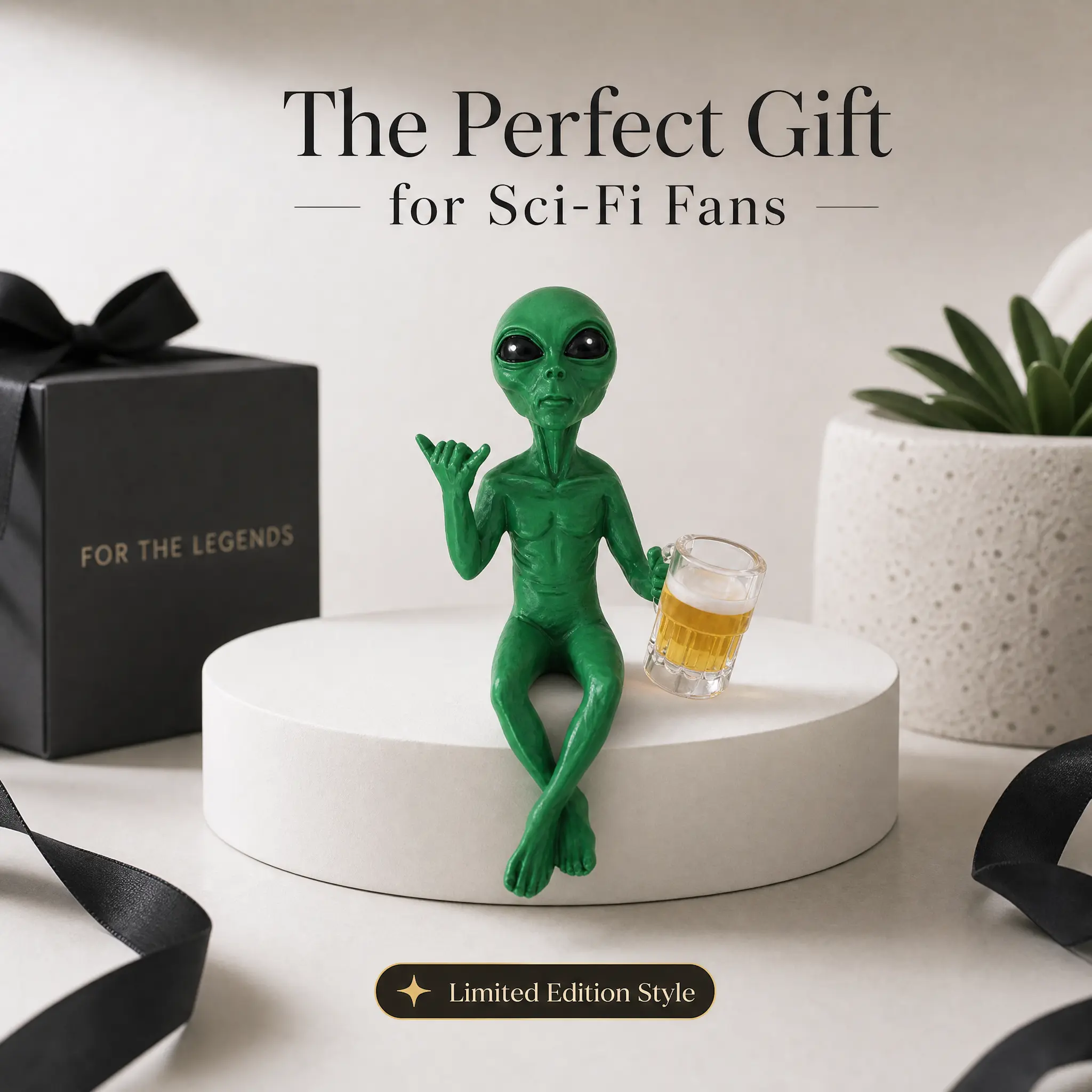 Resin Alien Beer-Drinking Statue, Whimsical Art Figurine Holding a Beer Glass, Unique Home Decor Shelf Accent for Living Room, Garden Decor, Sci-Fi Lovers Gifts