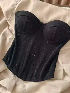 Women's Sequined Fishbone Bralette Top with Padding, Sexy Pure Desire Hot Girl Wrap Chest Corset Waist Cincher Tube Blouse Camisole Tops