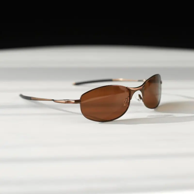 Men's Oval Polarized Sports Sunglasses - Lightweight Thin Brown Metal Frame, UV400 Protection Solid Brown Lenses, Slim Wire Eyewear for Driving/Fishing