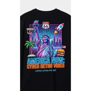 "America Now: Cyber Retro Vibes T-Shirt |   Pixel Art VR Statue of Liberty Graphic Tee |   Route 66 California Neon Cyberpunk Patriotic Rocket Burger USA Shirt"