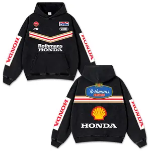 Retro Honda Rothmans Racing Washed Hoodie MotorGP World Champion Enthusiast Apparel Streetwear Shoeihelmet Racing Team Super Motorsports Clothing Motobike Riders Supermotor Off-Road Dirt Bike Fan Gear Cotton Riding Motorcycle Jacket For Biker