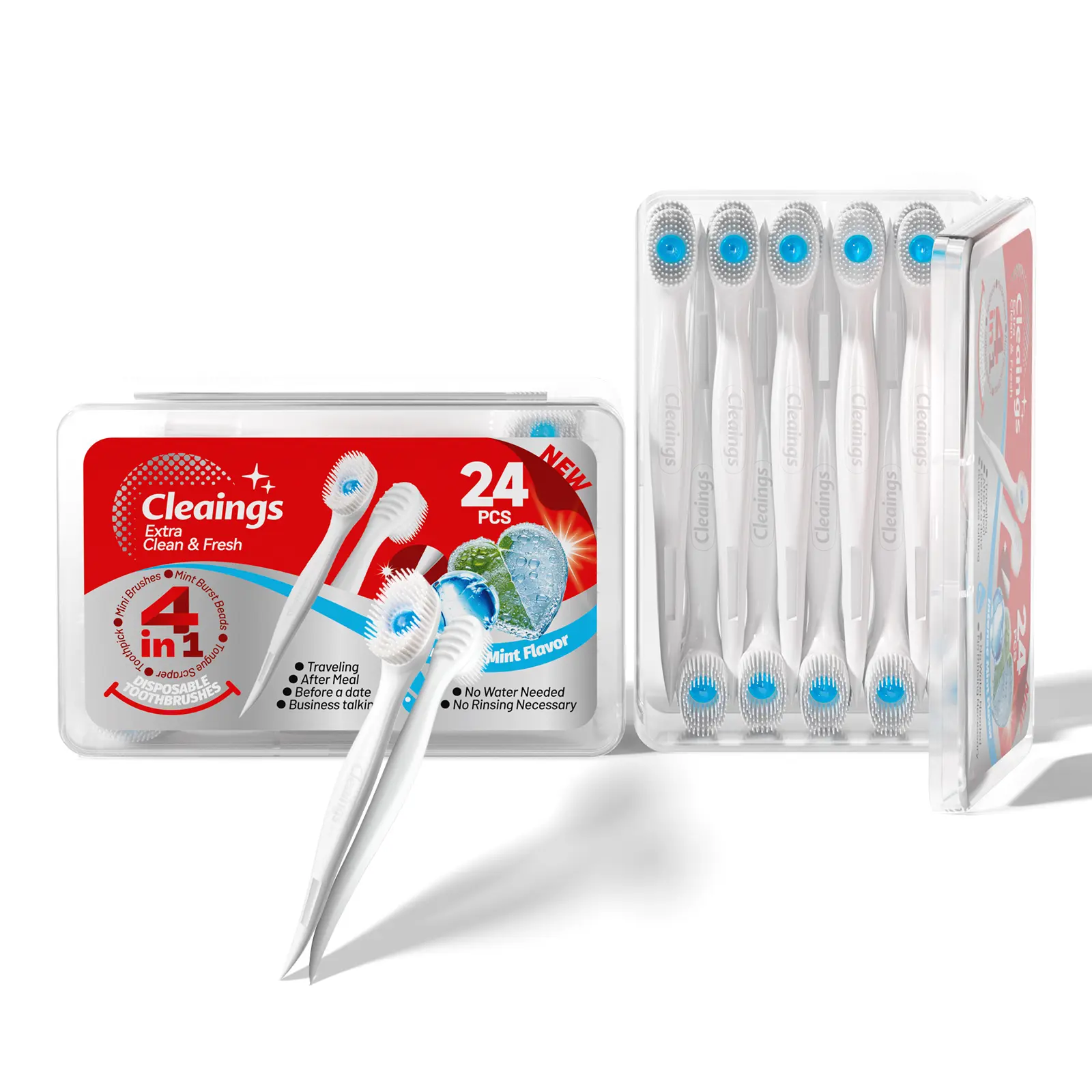 CLEAINGS 4-in-1 Portable Teeth Cleaning Oral Set - Toothbrush, Toothpaste, Toothpick, Mint Flavor Tongue Scraper - 24 Count Dental Cleaning Brush Toothbrushes Bulk Pack for Travel