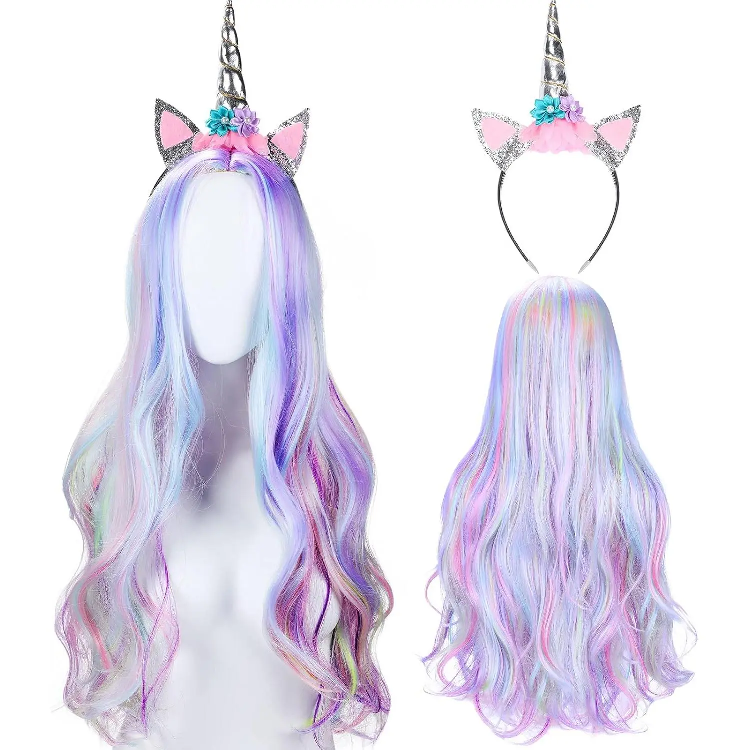 Girls' 3-Piece Halloween Unicorn Costume Set SQ-HDW018 - 10-11 Years, 1 Size, Synthetic Soft Hair Rainbow Wig, 1 Piece of Long Curly Hair, Wig Cap, Gold Horn Ears Flower Headband, Adjustable Strap, Nylon, Cosplay Ready, For Halloween,Dating