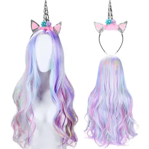 SQ-HDW018 3 Pieces Halloween Unicorn Wig Set Included Long Curly Wavy Rainbow Wig with Cap and Gold Unicorn Horn Ears Flower Headband for Music Festival Cosplay Party
