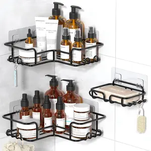 YASONIC Corner Shower Caddy Adhesive with Soap Holder and 12 Hooks, Rustproof corner shower shelves, No Drilling (Bright Black)