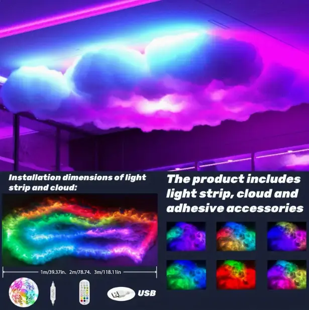 3D Cloud Lights for Esports Room Living Room Bedroom Party Salon Party Christmas Thanksgiving Christmas Eve Decorative Lights with Light Strip Cloud and Adhesive Accessories