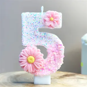 1pc Pink Glitter Number Birthday Candles 0-9 with Floral Accents, Flower Design - Sparkling Flower Cake Topper for Girls Birthday Party Decorations - Numeric Candle for Anniversaries and Garden Theme Celebrations Ornaments