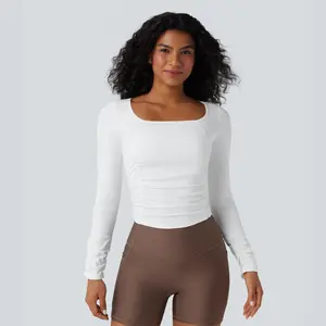 Halara SoftlyZero Airy Square Neck Long Sleeve Ruched InstantCool Workout Sports Top