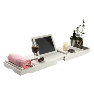 Bamboo Bathtub Caddy Tray - Expandable for Luxury Bath, Bath Accessories & Table with Wine Glass Holder, Book Stand - Bathroom Organizer with Extending Sides, White