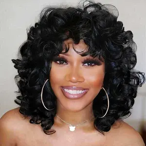 SISWIN Black Big Curly Wigs With Bangs for Women Natural Look High-Quality 14 INCH Synthetic Hair Wig for Everyday Wear Stylish & Practical