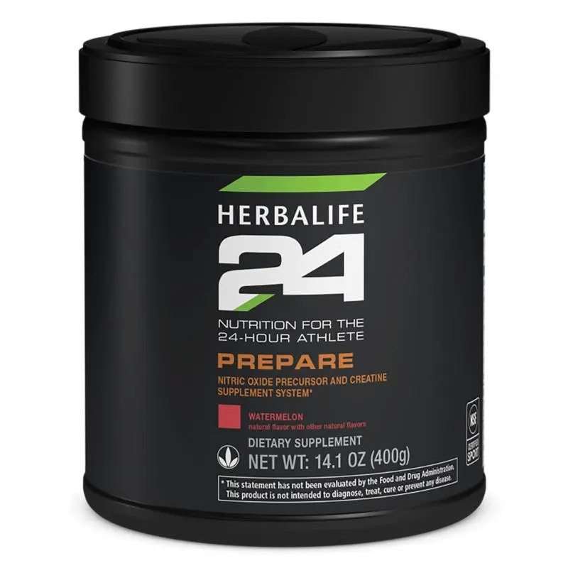 Herbalife24 Prepare Watermelon Flavor Drink Mix 14.1 Oz Caffeine Electrolytes Dietary Supplement Watermelon Beverage Powder Daily Nutrition Energy Support Focus Support Performance Support Pre Activity Drink Mix Hydration Beverage Powder
