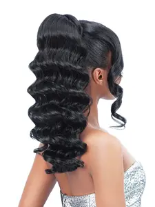 Zury Sis Miss Bang Lace Part Drawstring Ponytail SOFIA Heat Resistant Synthetic Hair Long Crimp Wave Style Split Bang Flat Top