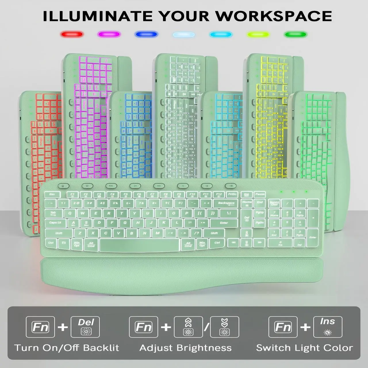 SABLUTE MA12Pro Ergonomic Wireless Keyboard & Mouse Combo, Compatible Set with RGB Backlit Keys, Soft Leather Wrist Rest, Built-in Li-ion Rechargeable, Fast 2.4G Connection, Wide Compatibility for PC Mac Chromebook, Compatible Keyboard & Mouse Combos