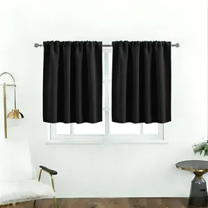 2pcs Modern Simple Black Blackout Short Curtains, Sunscreen & Heat Insulation, Polyester Solid Color Blackout Fabric Short Curtains, Rod Pocket Top, Easy to Hang