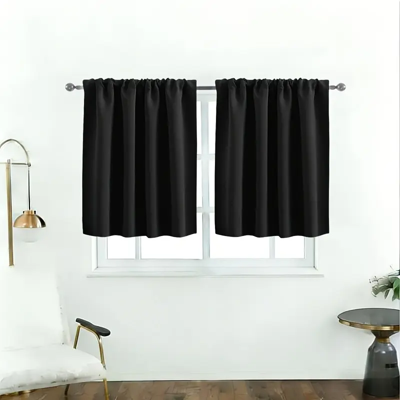 2pcs Modern Simple Black Blackout Short Curtains, Sunscreen & Heat Insulation, Thermal Insulated Curtain, Polyester Solid Color Blackout Fabric Short Curtains, Rod Pocket Top, Easy to Hang, Blackout Shade