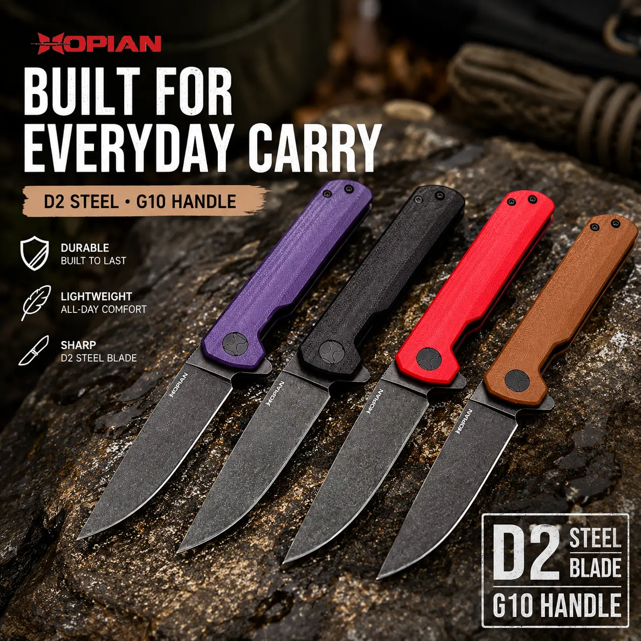HOPIAN CLAVE Flipper Folding EDC Knife, D2 Steel Blade, Textured G10 Handle, Lightweight Pocket Utility Knife with Deep Carry Clip, Everyday Carry Knife for Camping Hiking, Purple Black Red Brown,outdoor,sharp,nylon,,Ergon,Cor,all-purpose,dai,secure,lock,
