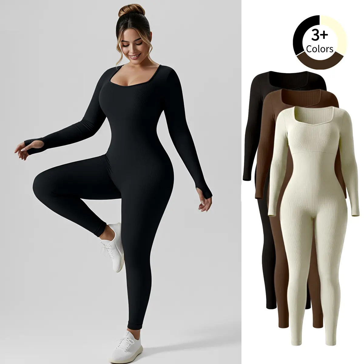 Women's Long Sleeve Slim Fit Ribbed Seamless Square Neck Exercise Jumpsuit Outdoor Activity Elastic Sportswear