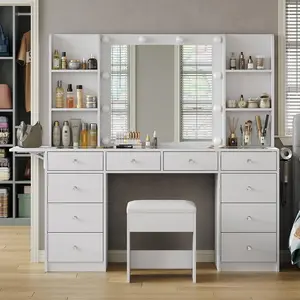 FUSOU 55"W Vanity with Power Outlet, Vanity Desk with Mirror and 10 LED Lights, 10 Drawers Makeup Vanity with 6 Shelves, Fold-up Panel, Vanity Table with Chair for Bedroom,Deals For You Days