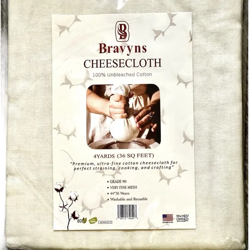Bravyns Grade 100 Cheesecloth, 36 Sq. Ft. (4 Yards), 100% Unbleached Cotton Straining Cloth for Cheese Making, Jelly Making, Cooking – Washable & Reusable