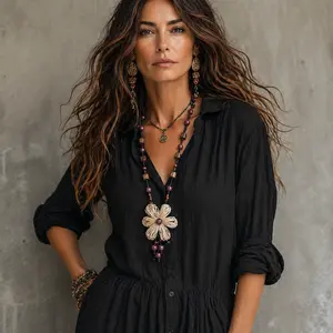 Boho Floral Pendant Necklace for Female, Long Beaded Statement Necklaces, Black Cord Chain Jewelry for Daily Wear, Summer Beach Vacation Accessory, Mother’s Day Gift Idea 2026